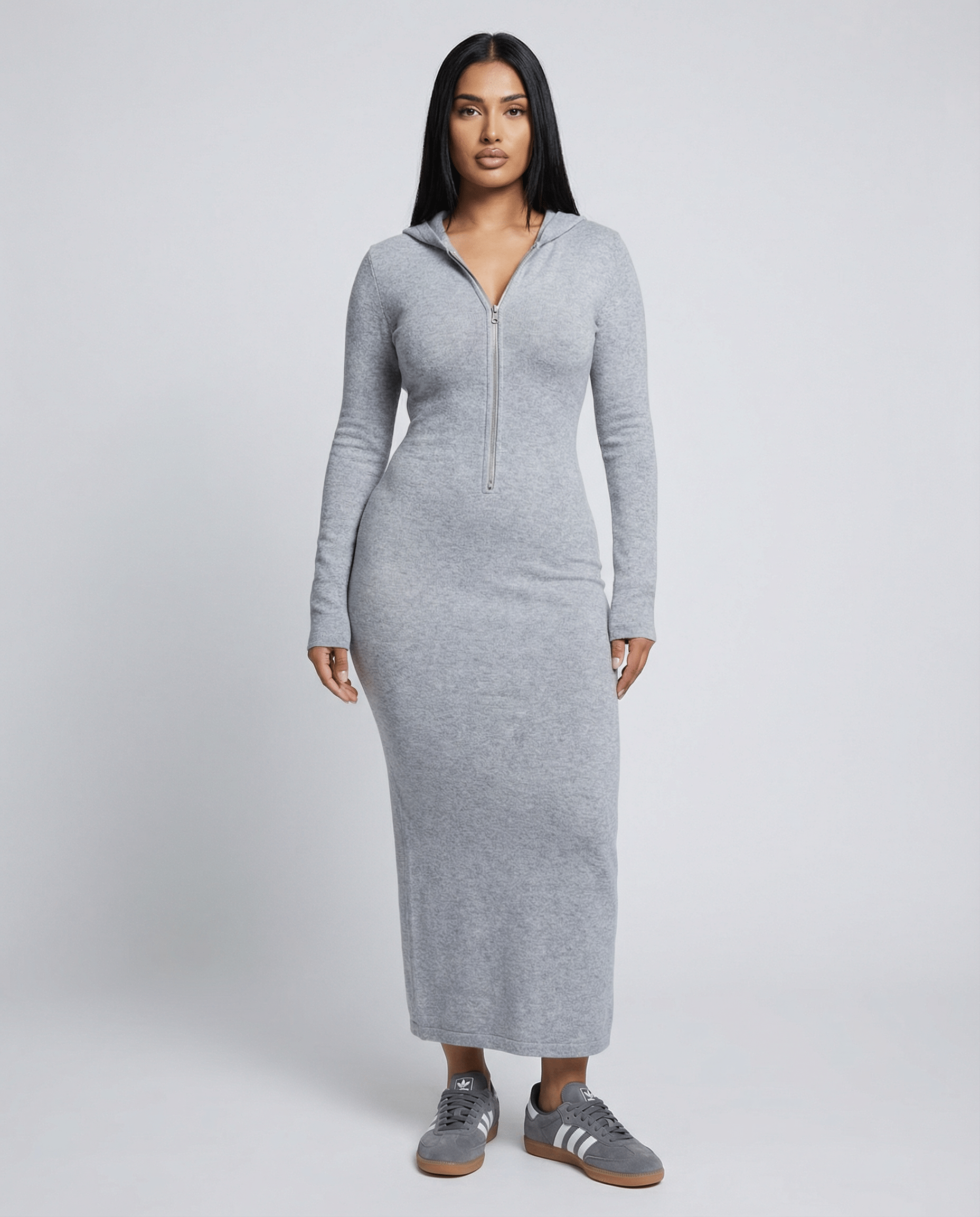 Ribbed Zip Up Maxi Dress W/ Hoodie