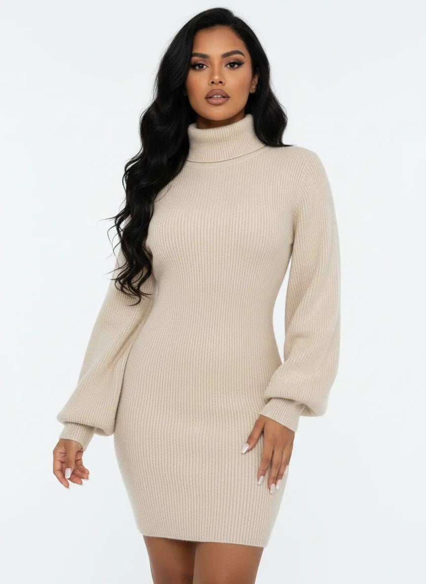 Turtleneck Ribbed Knit Sweater Dress - Fall Collection