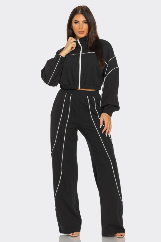 Zip Up Piping Stripes Jacket And Pants Set