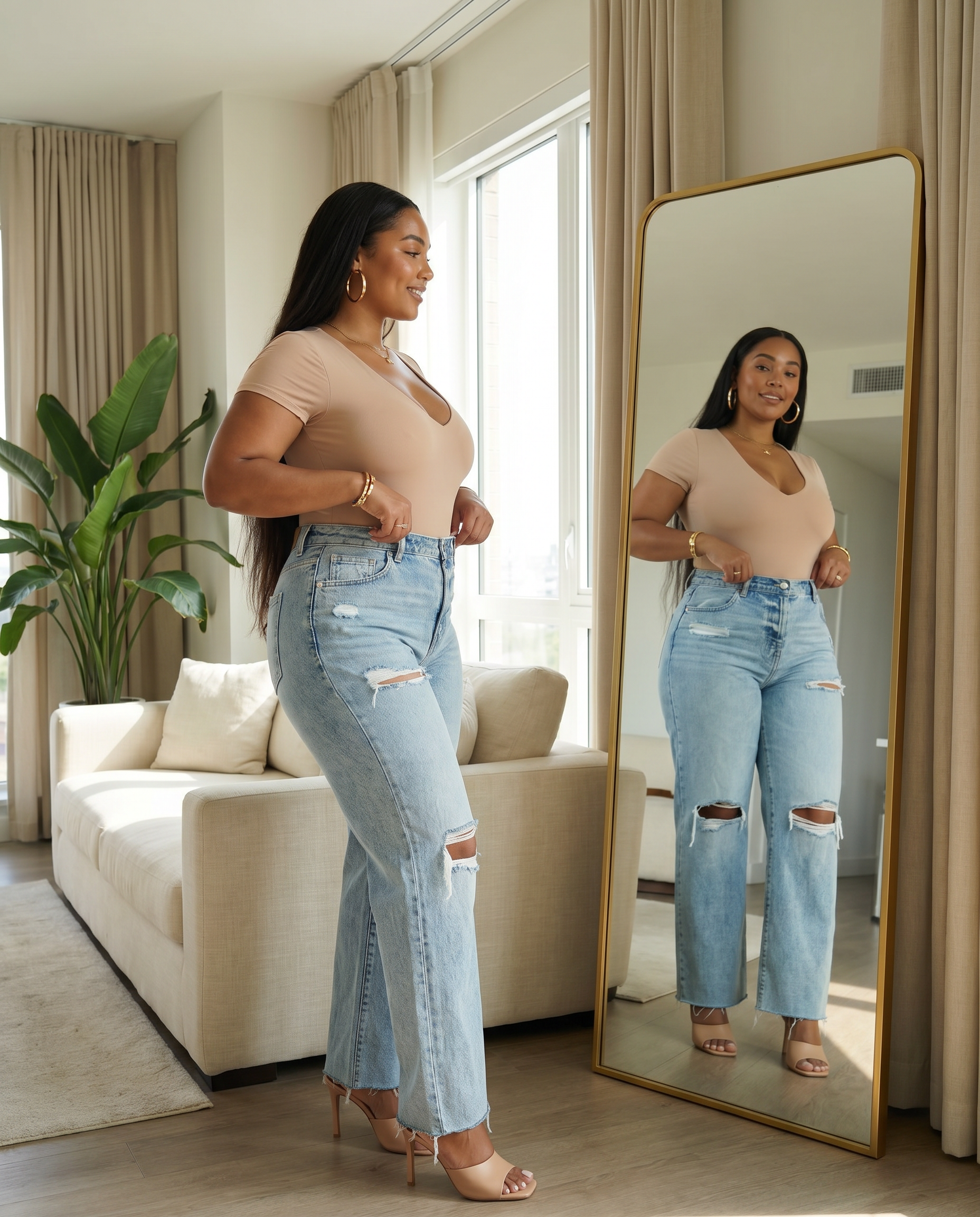 Distressed Straight Leg Jeans with Pockets