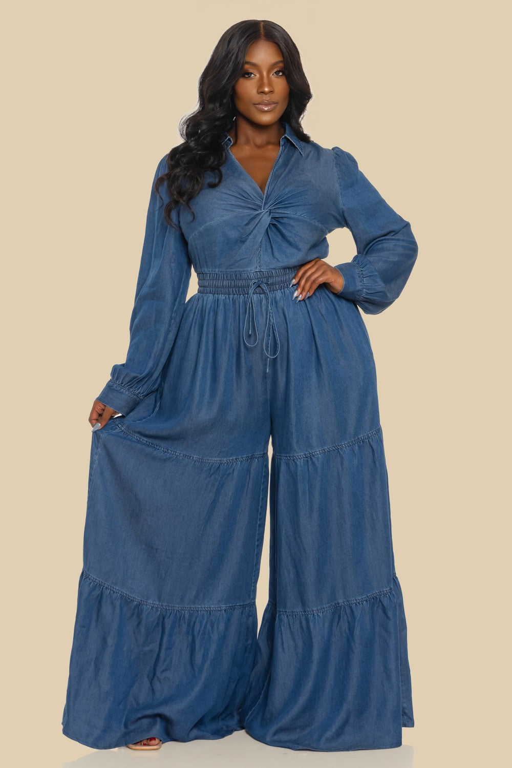 Plus Twist Front Neck Lsv Tiered Jumpsuit