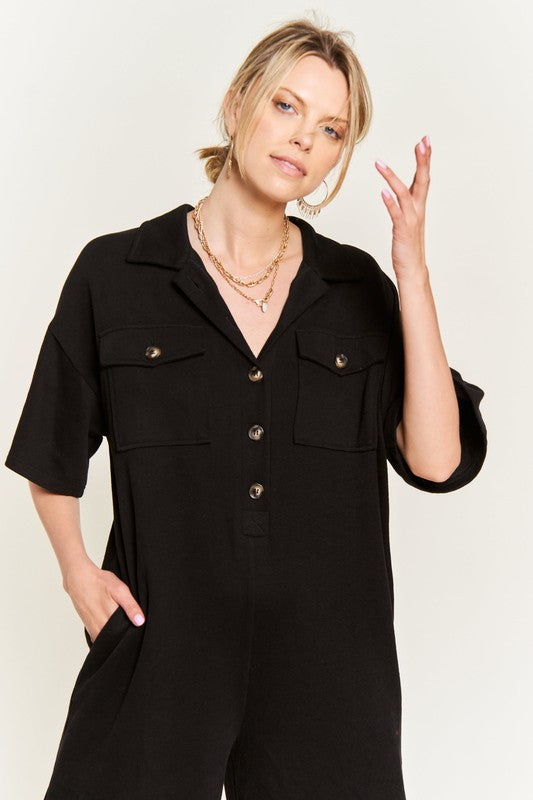 Basic Collar Shirt Wide Leg Jumpsuit Plus