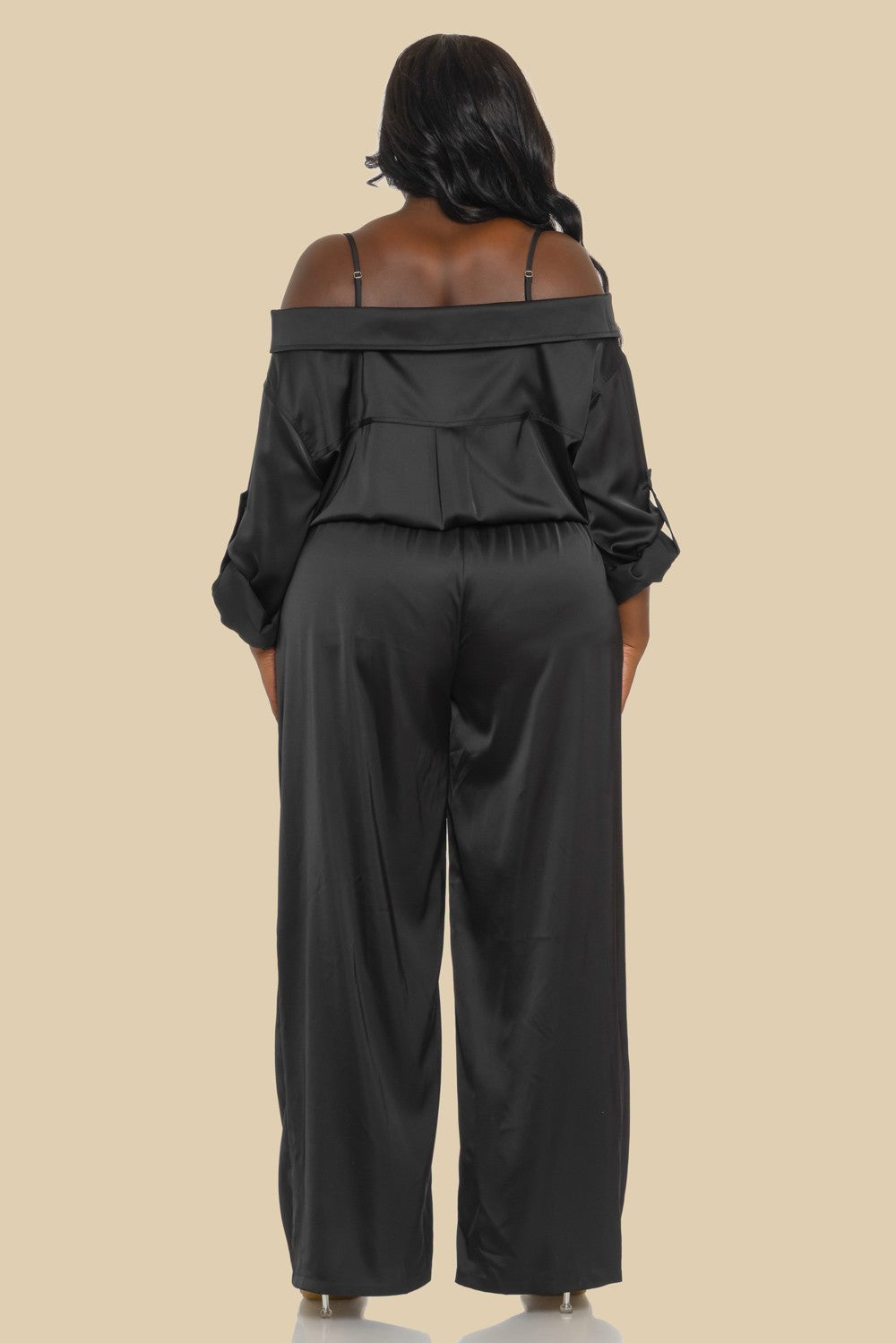 Plus Solid Satin Jumpsuit With Off Shoulder