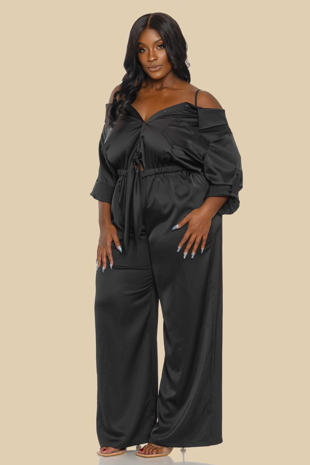 Plus Solid Satin Jumpsuit With Off Shoulder