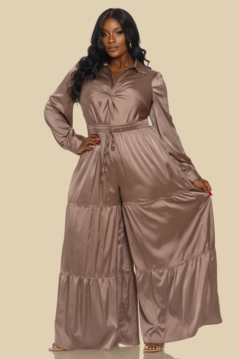 Plus Twist Front Neck Lsv Tired Jumpsuit