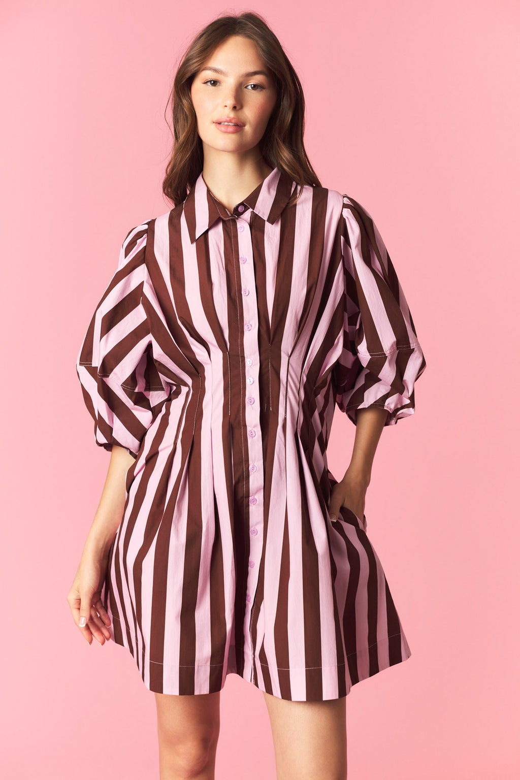 Stripe Pintuck Waist Bubble Sleeve Dress