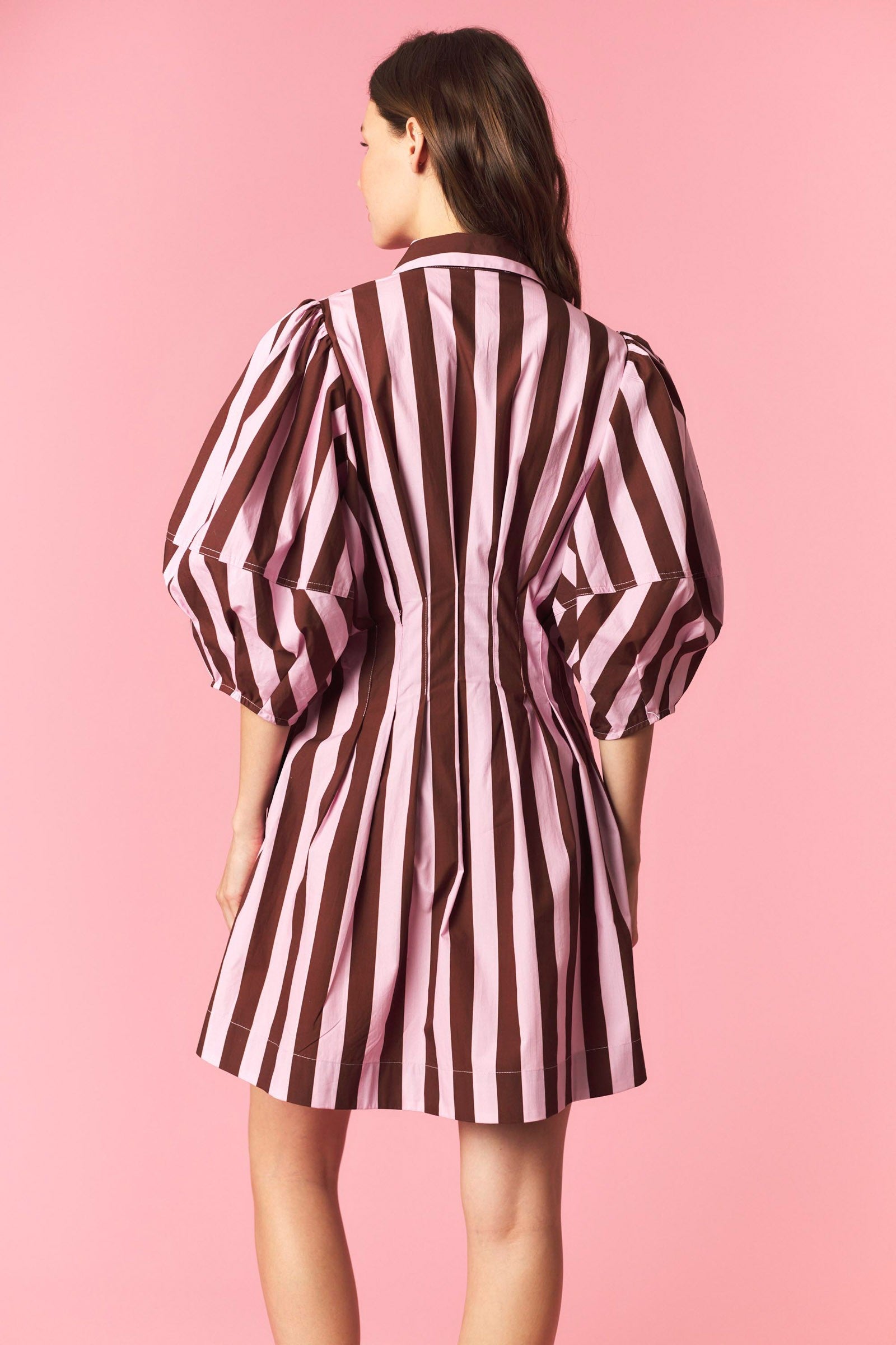 Stripe Pintuck Waist Bubble Sleeve Dress