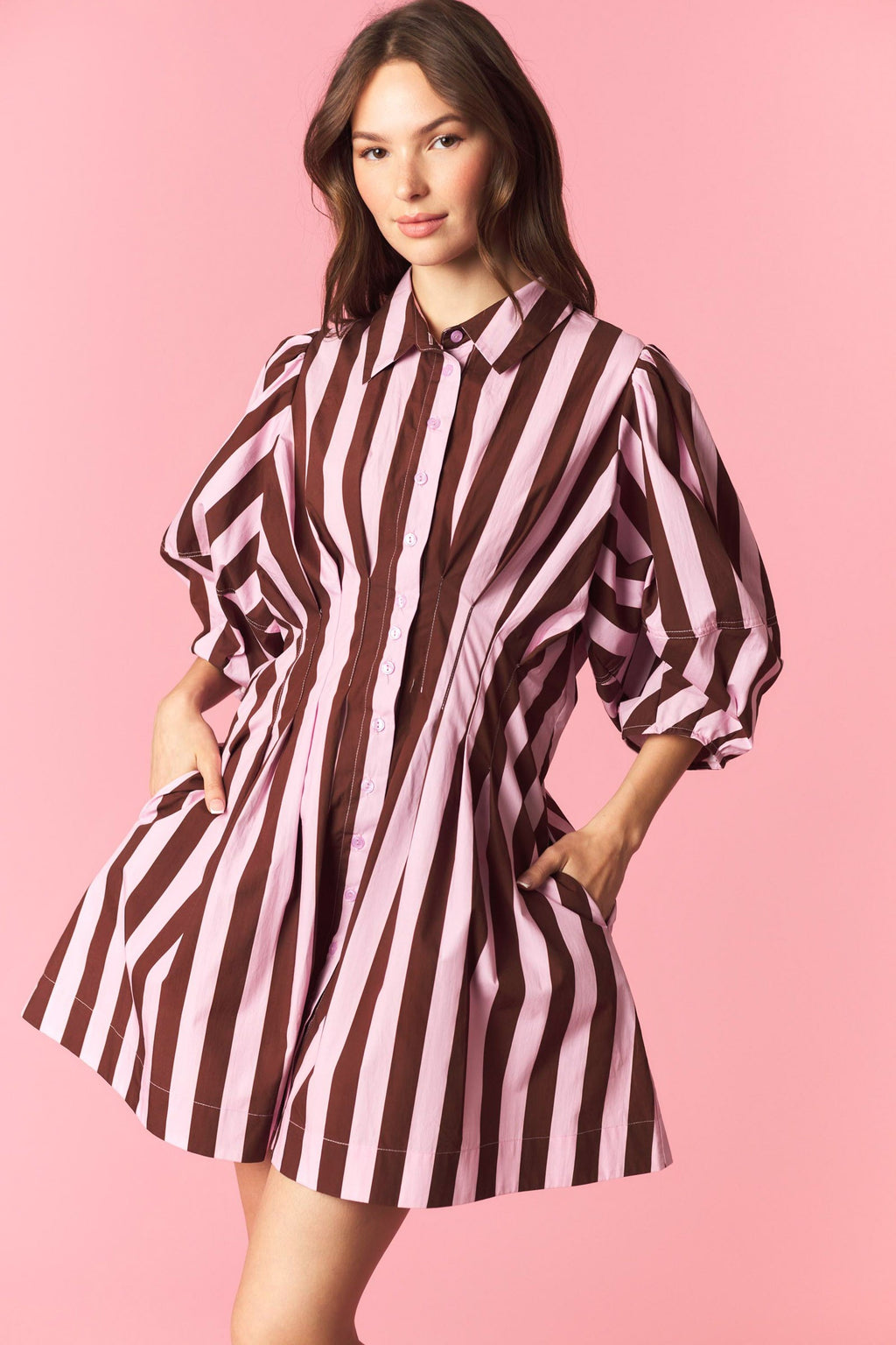 Stripe Pintuck Waist Bubble Sleeve Dress