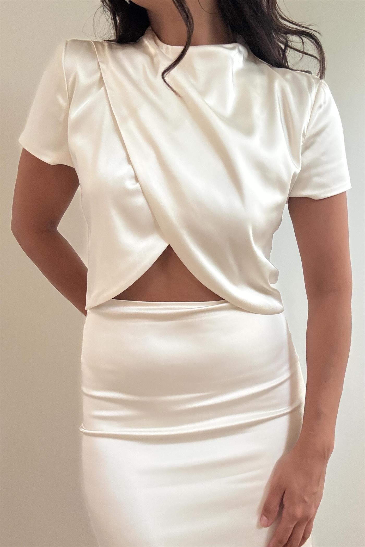Satin Front Split Detail Top W/ Maxi Skirt