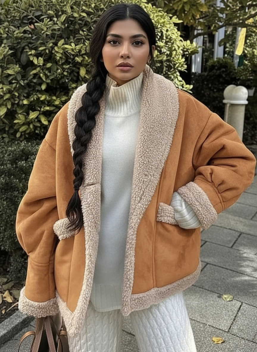 Fuzzy Collared Neck Long Sleeve Jacket