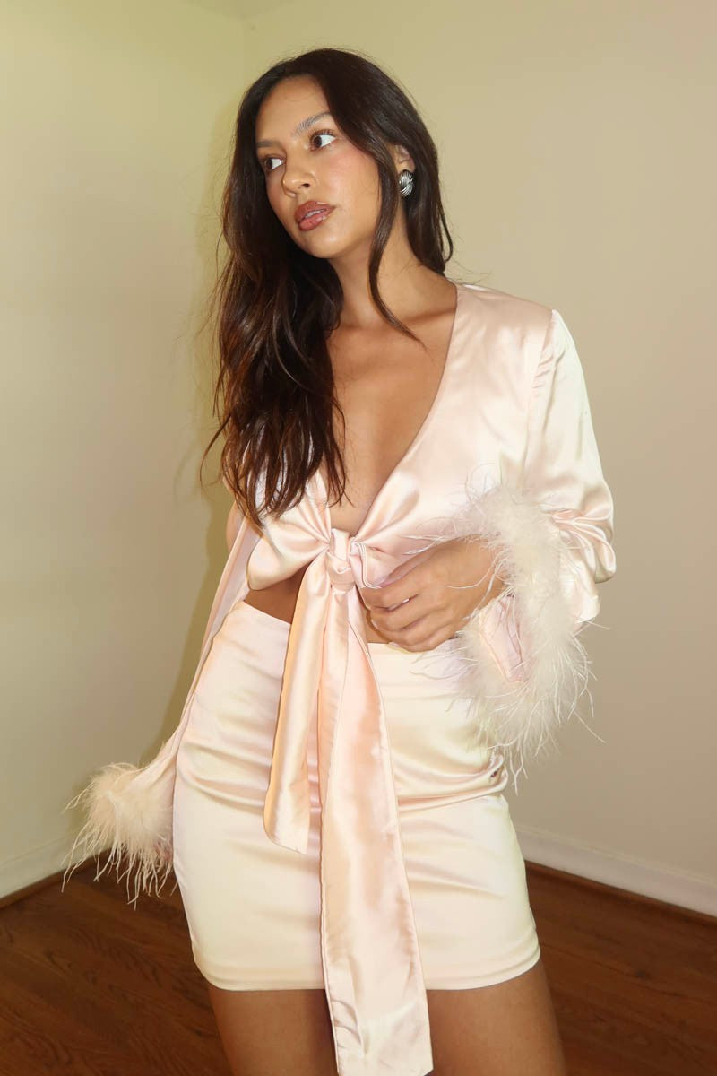 Feather Detail Crop Top Mini Skirt