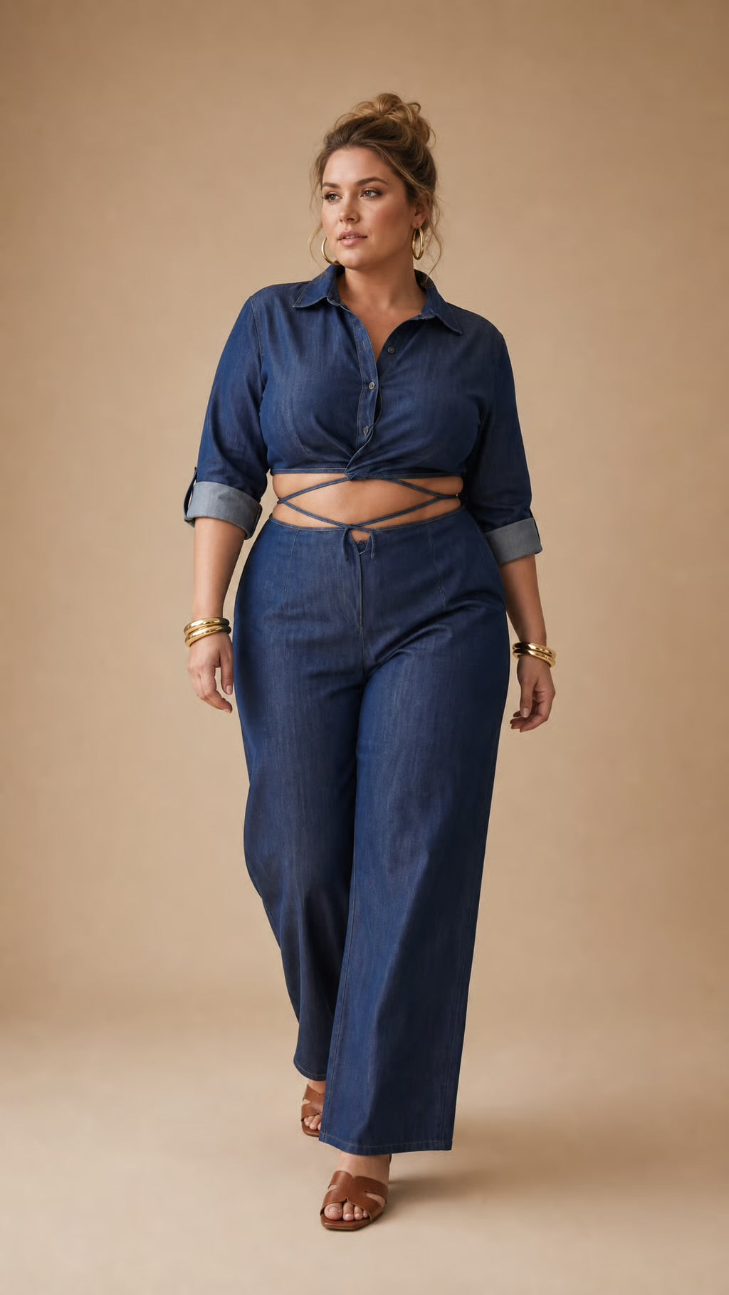 Plus Washed Denim Tied Waist Lsv Top And Pants Set