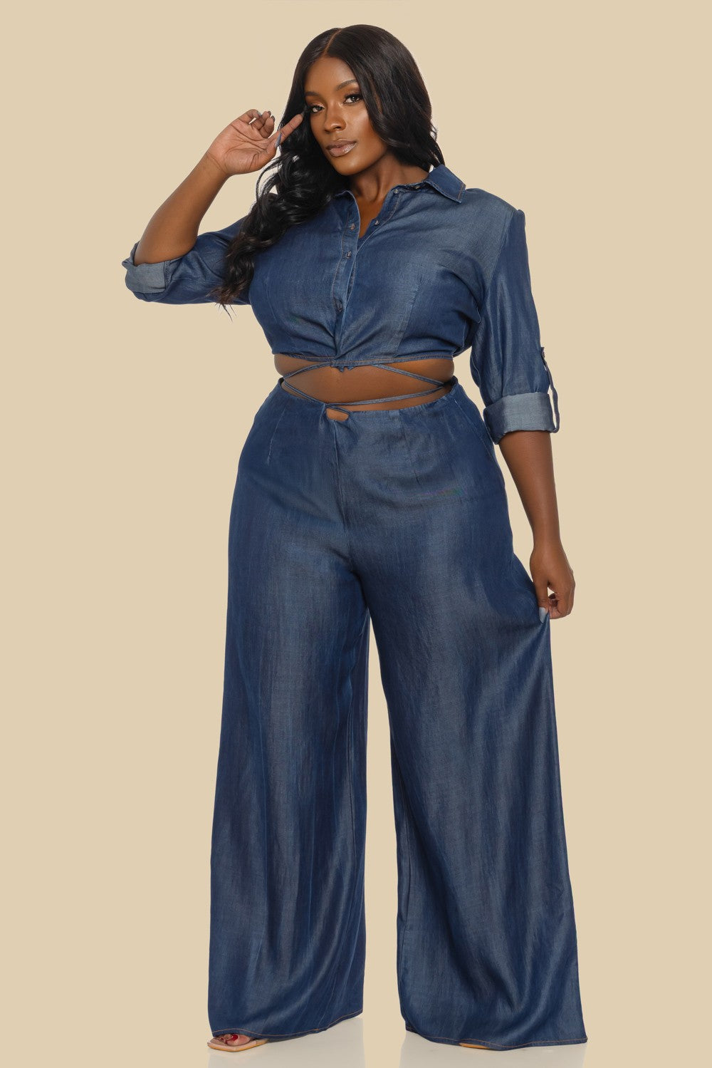Plus Washed Denim Tied Waist Lsv Top And Pants Set