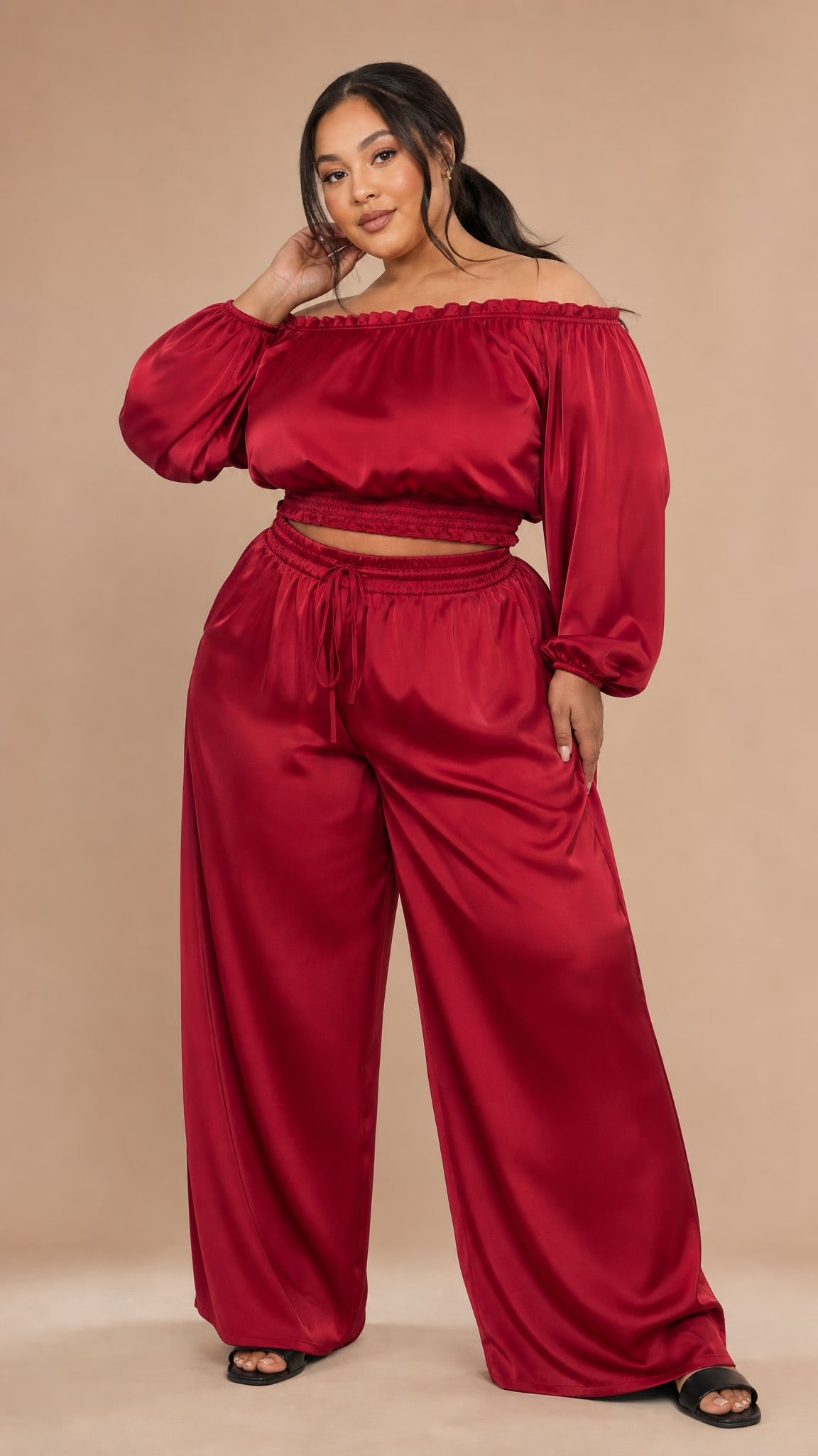 Plus Solid Satin Off Shoulder Lsv Top W/palazzo Pa