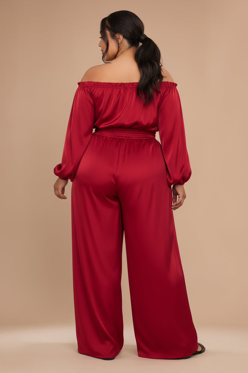 Plus Solid Satin Off Shoulder Lsv Top W/palazzo Pa