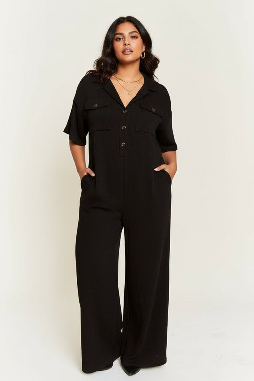 Basic Collar Shirt Wide Leg Jumpsuit Plus
