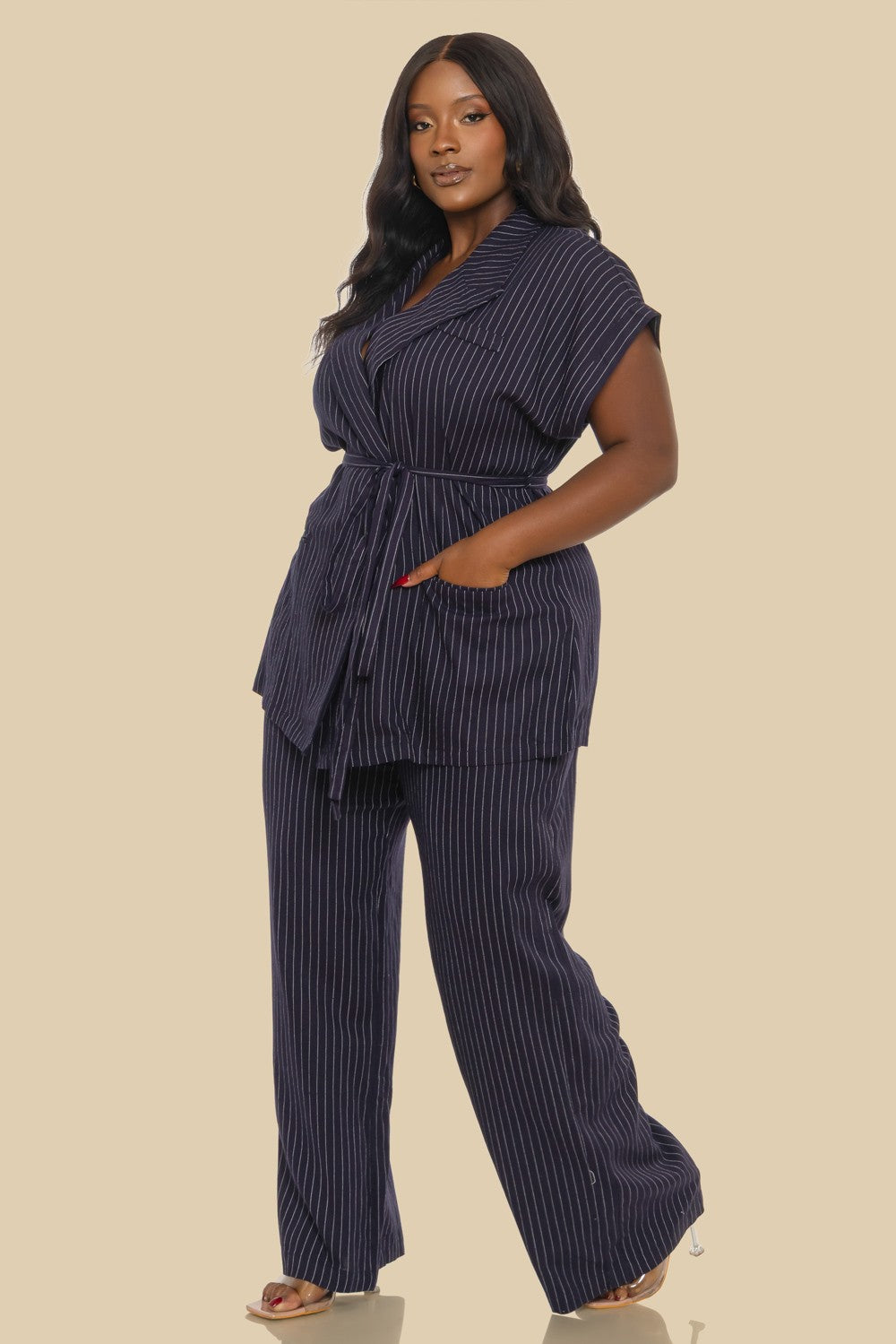 Plus Double Breasted Pin Stripe Linen Vest Set