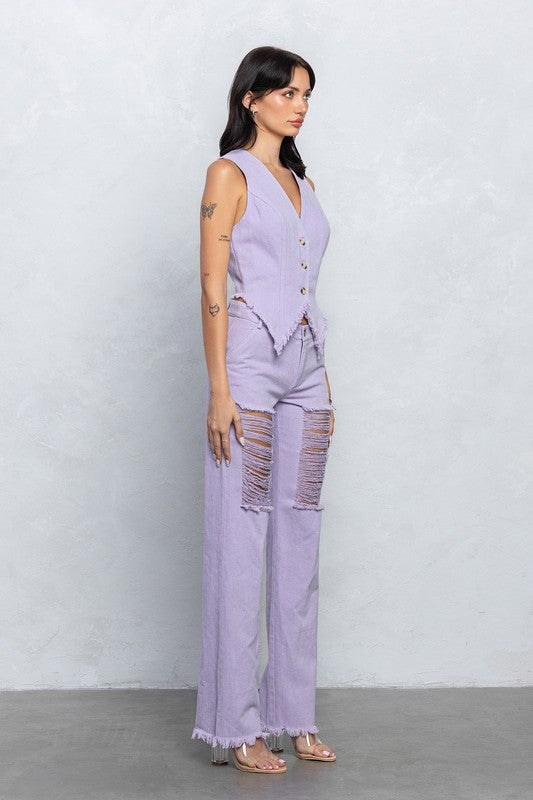 Distressed Soft Twill Vest Set
