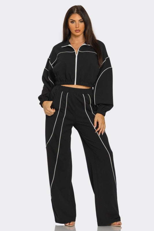 Zip Up Piping Stripes Jacket And Pants Set