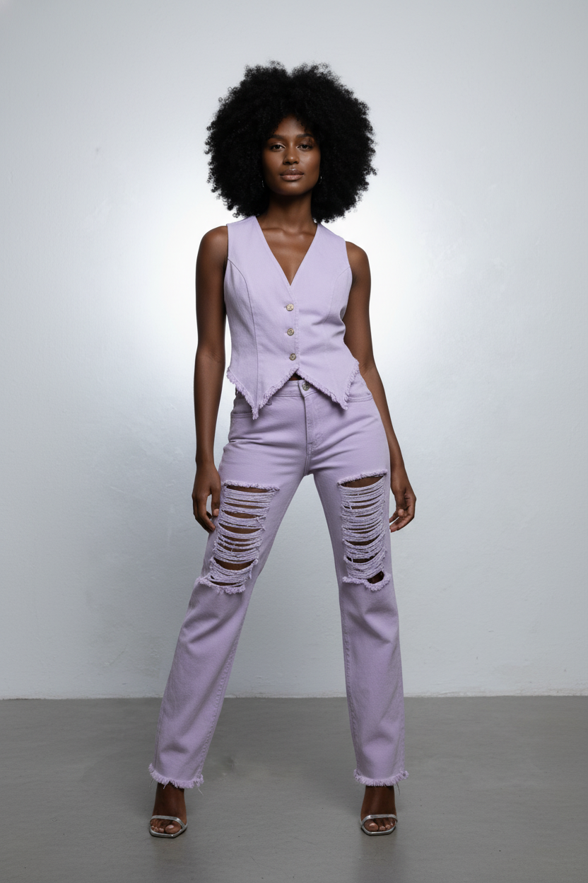 Distressed Soft Twill Vest Set