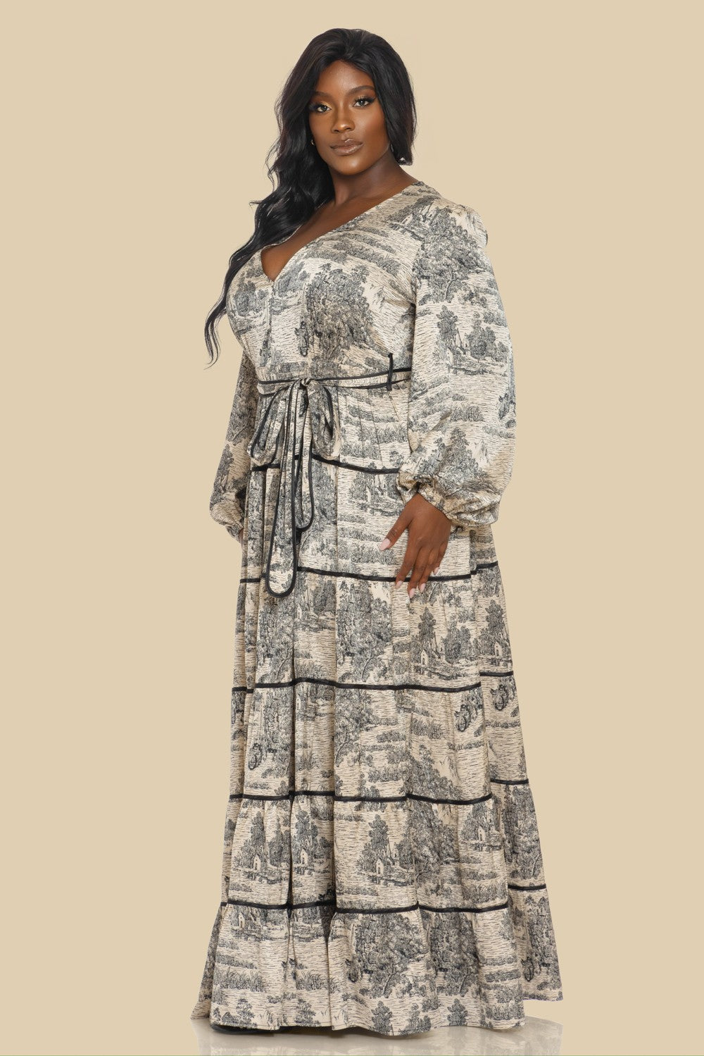 Plus Deep V 5 Tiered Maxi Dress