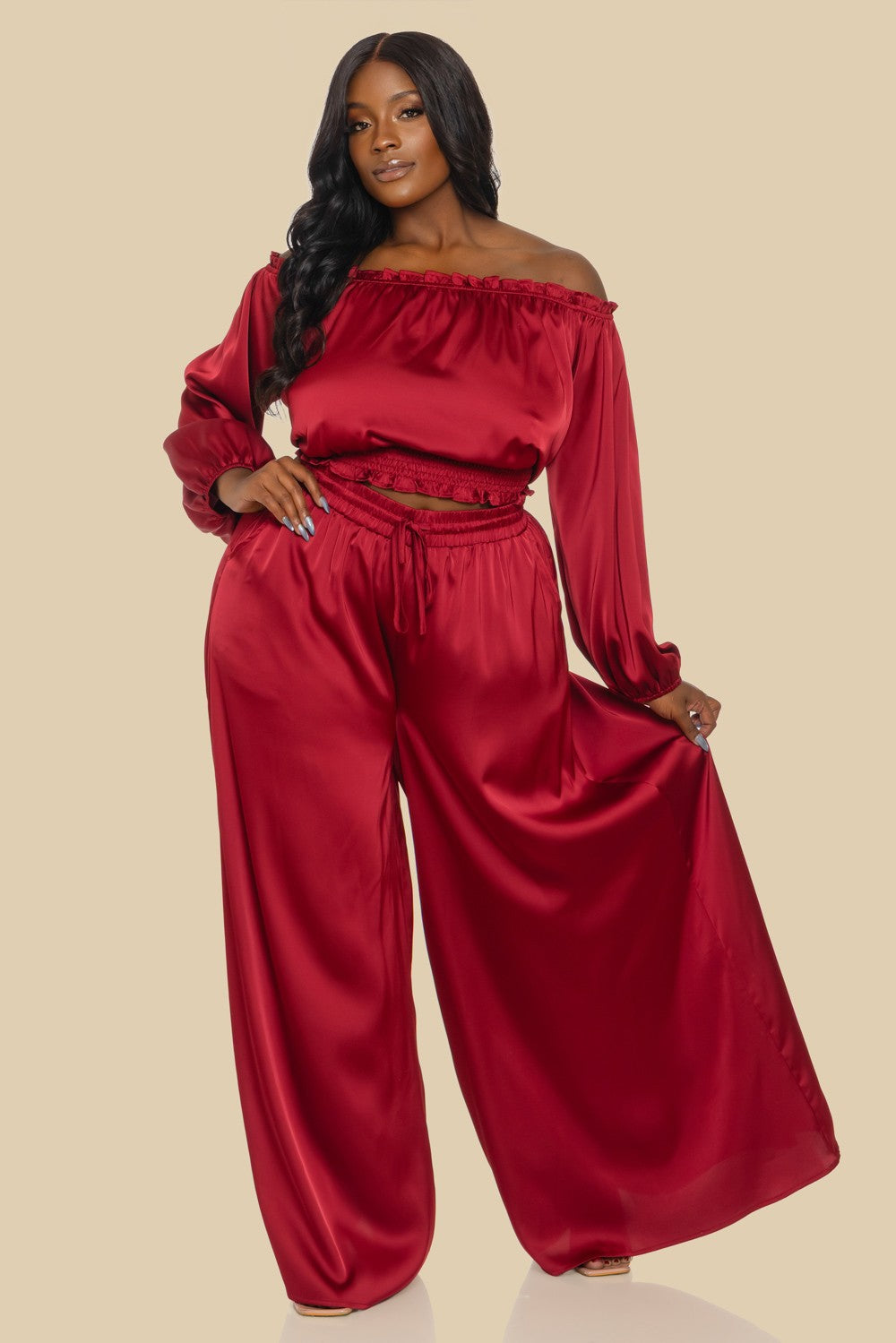 Plus Solid Satin Off Shoulder Lsv Top W/palazzo Pa