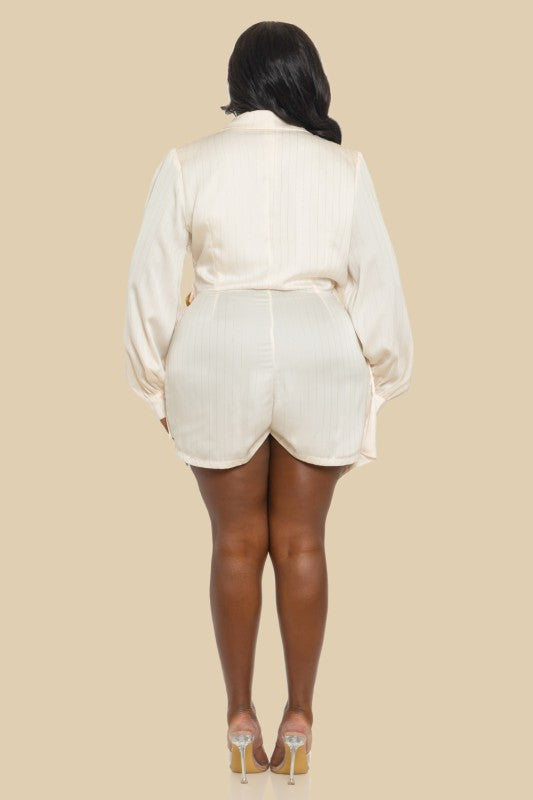 Plus Front Wrap Suit Romper With Long Sleeves