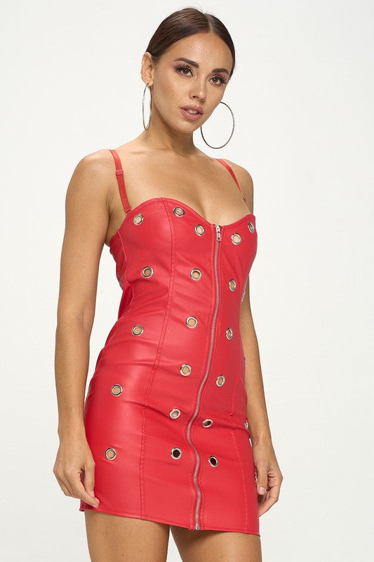 Metallic Eyelet Detail Zipper Pu Dress