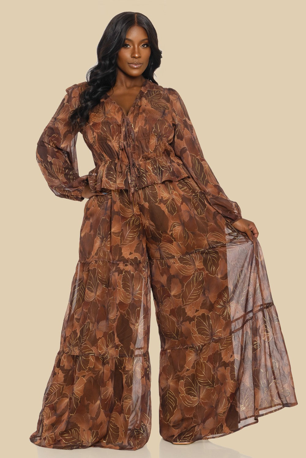 Plus Printed Chiffon Lsv Tiered Jumpsuit