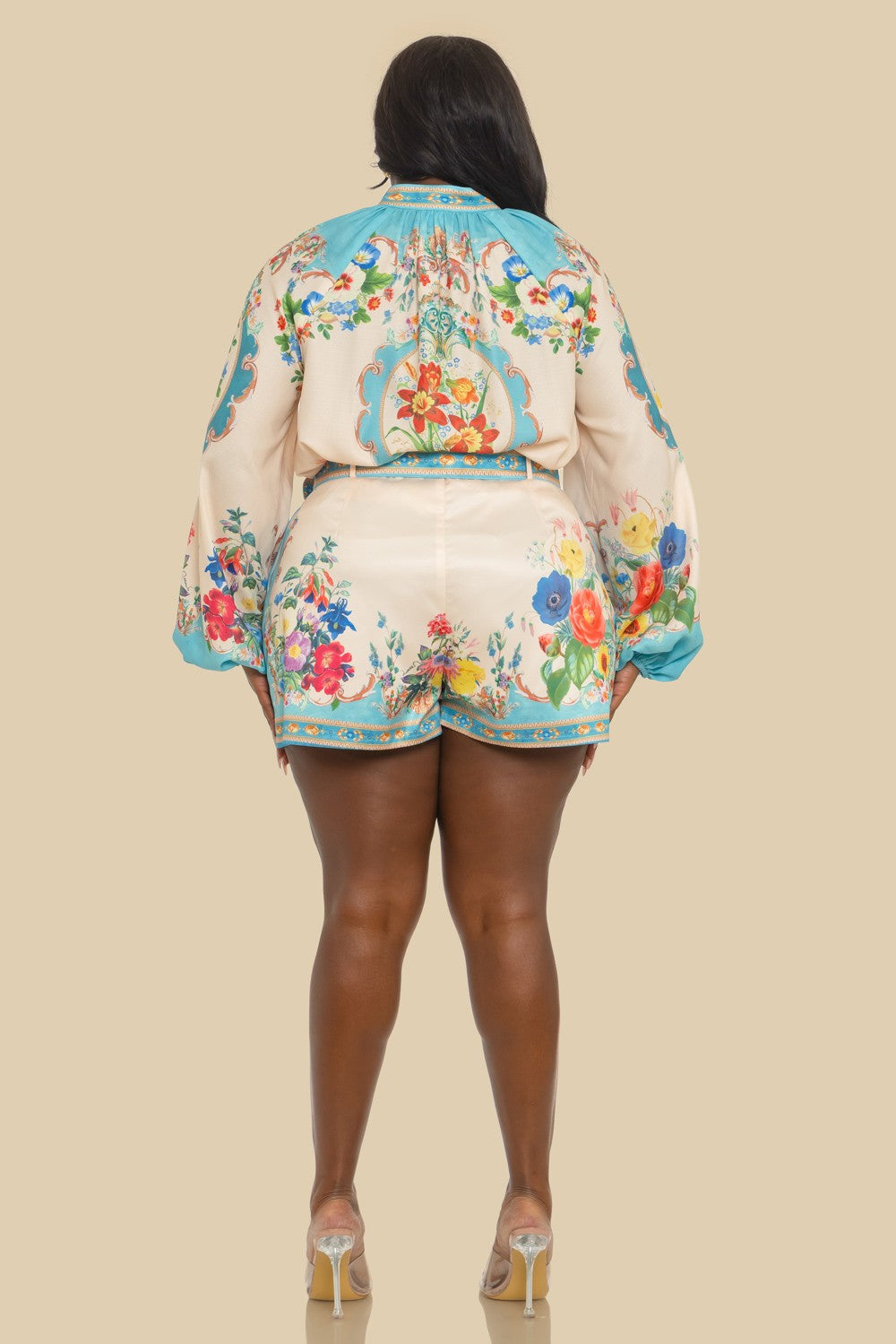 Plus Floral Print Button Up Top W/ High Waist Shor