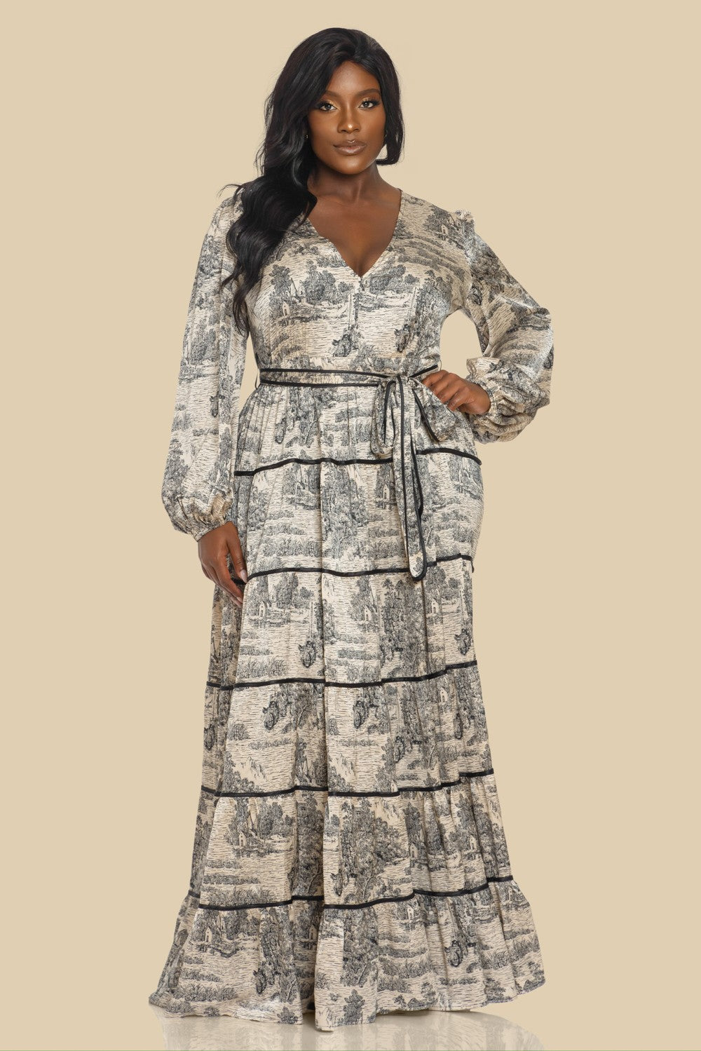 Plus Deep V 5 Tiered Maxi Dress