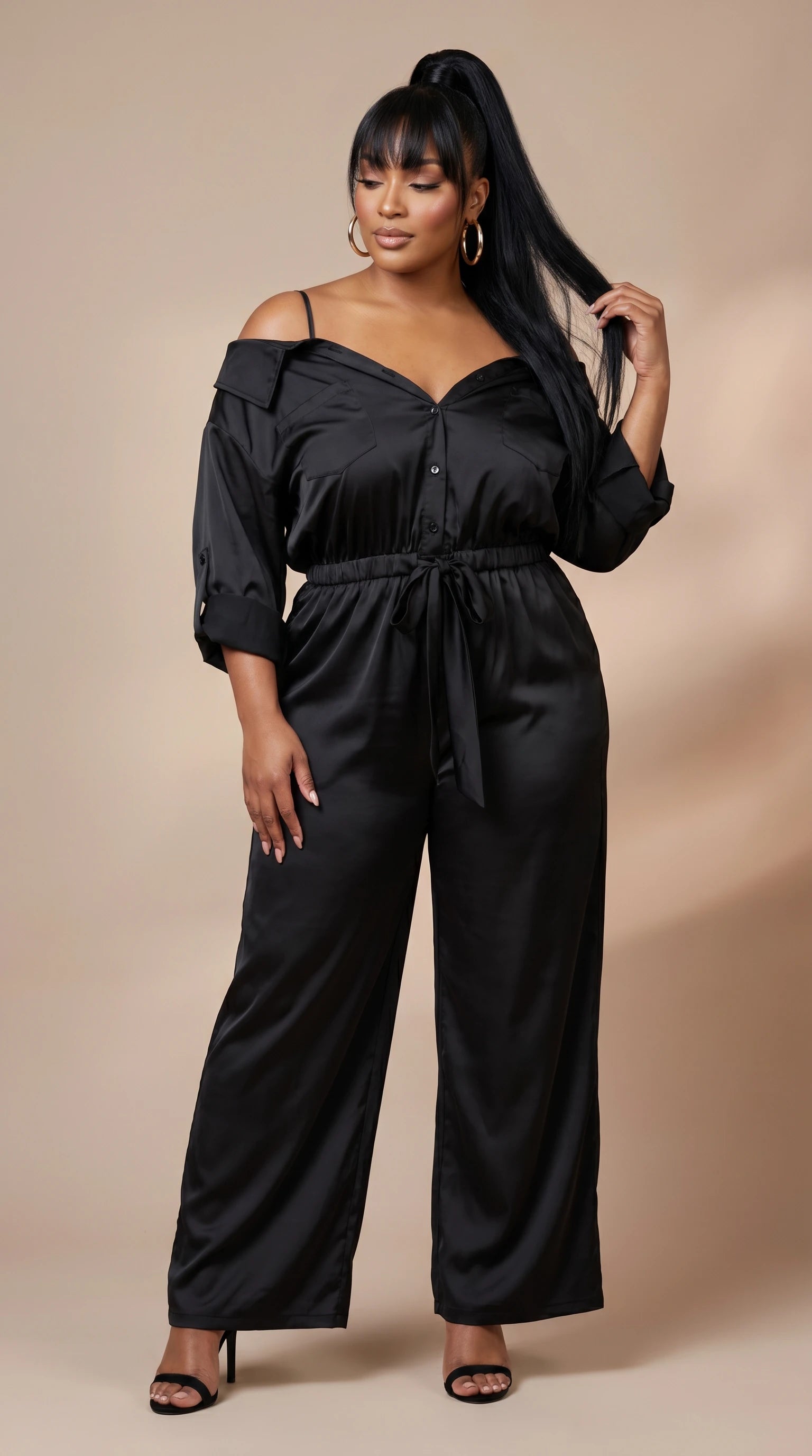 Plus Solid Satin Jumpsuit With Off Shoulder