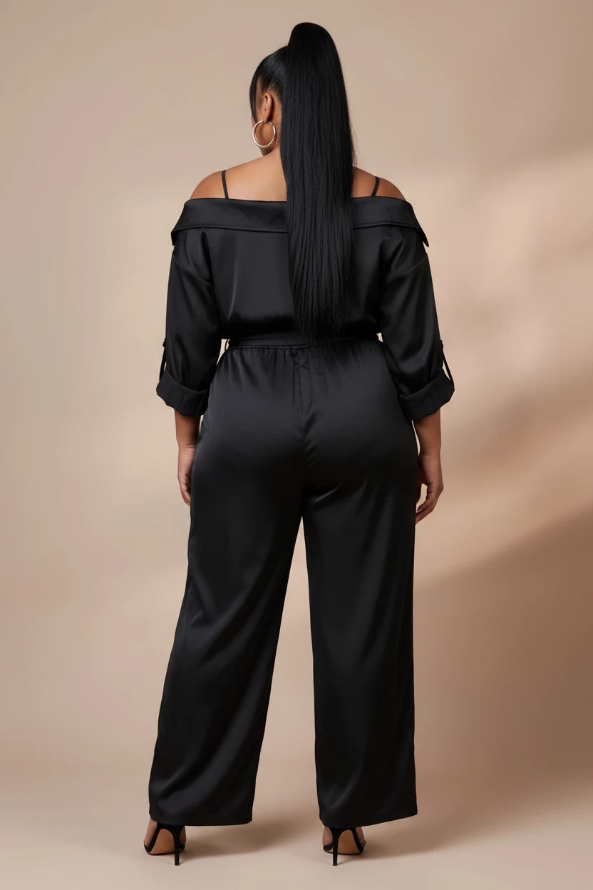 Plus Solid Satin Jumpsuit With Off Shoulder