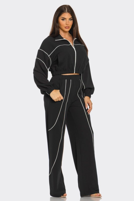Zip Up Piping Stripes Jacket And Pants Set