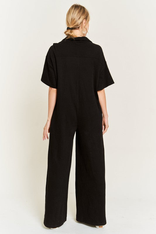 Basic Collar Shirt Wide Leg Jumpsuit Plus