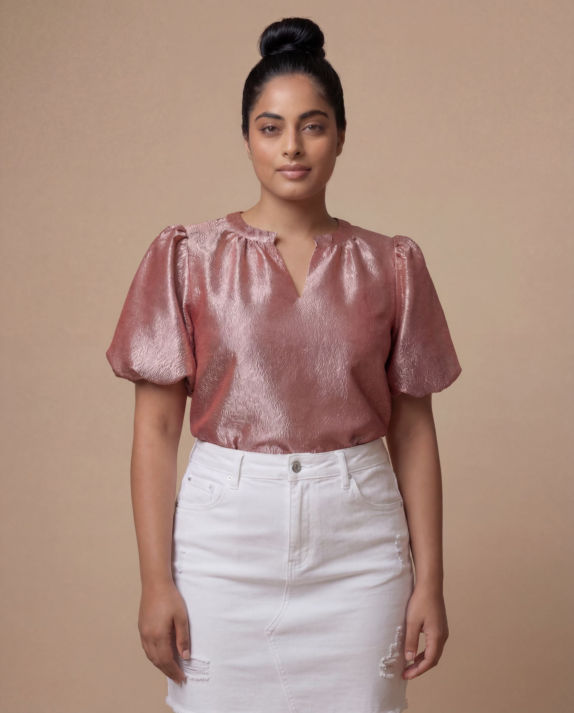 BiBi Jacquard Woven Short Balloon Sleeves V Neck Top