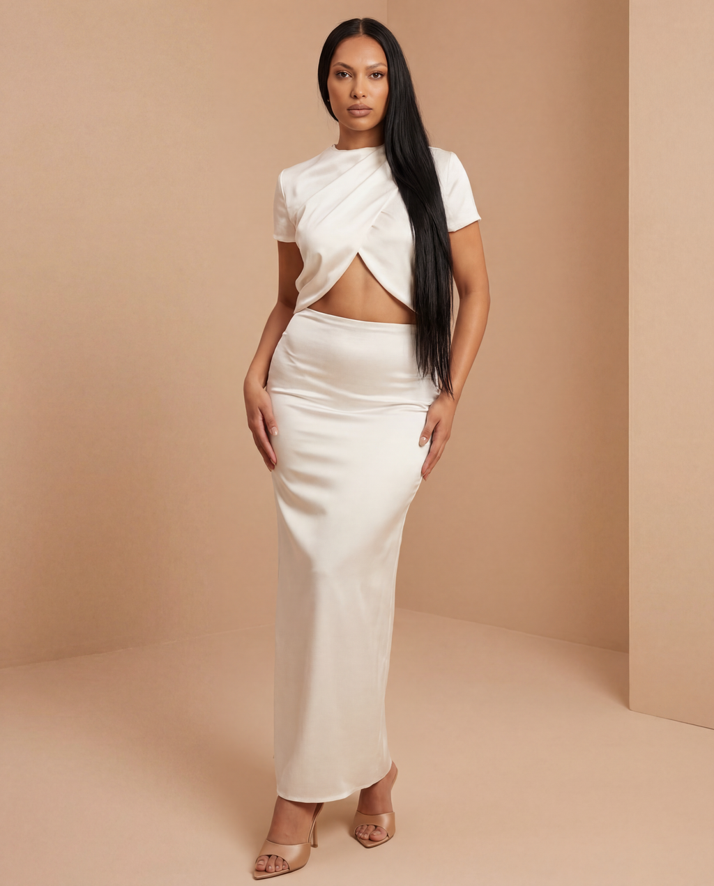 Satin Front Split Detail Top W/ Maxi Skirt