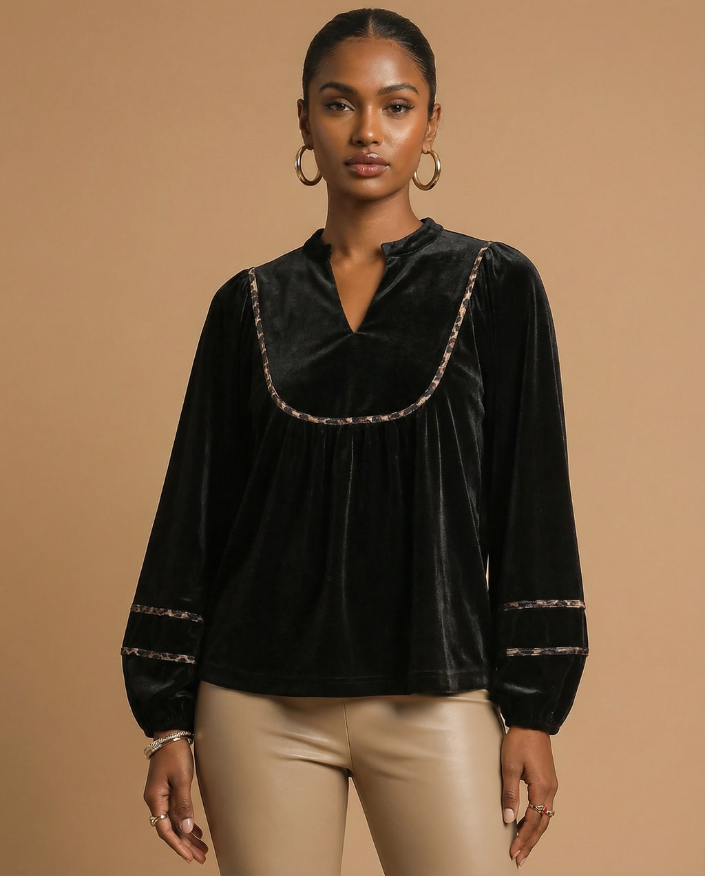 Umgee Velvet Long Sleeve Blouse with Contrast Trim
