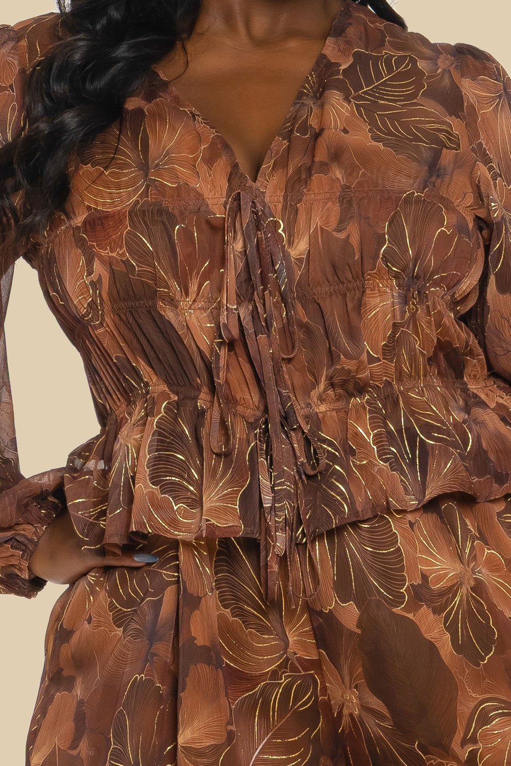 Plus Printed Chiffon Lsv Tiered Jumpsuit