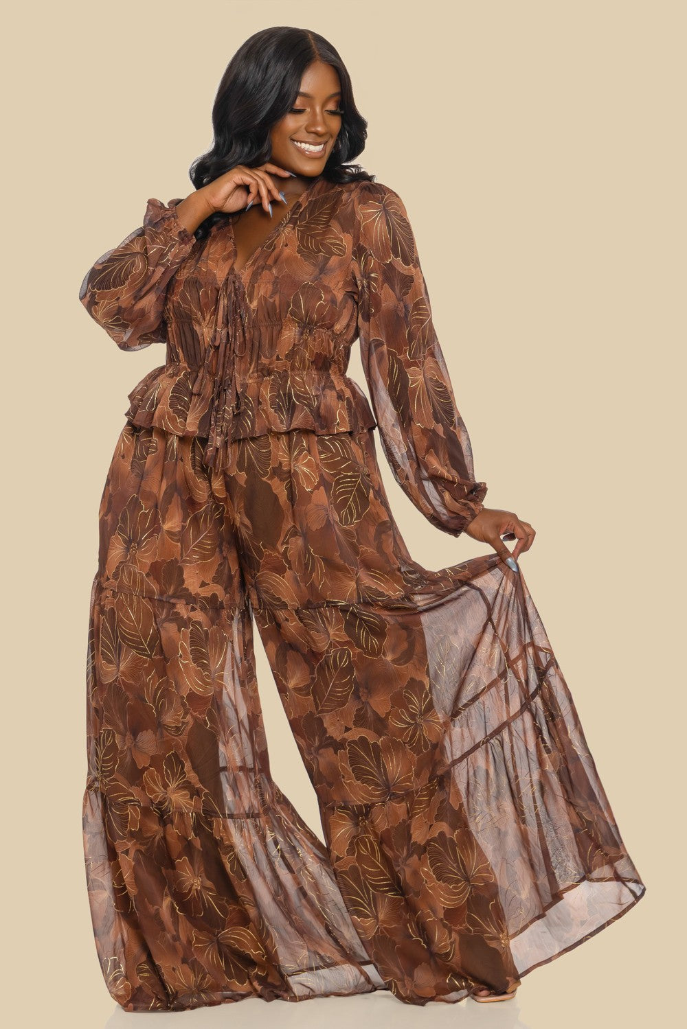 Plus Printed Chiffon Lsv Tiered Jumpsuit