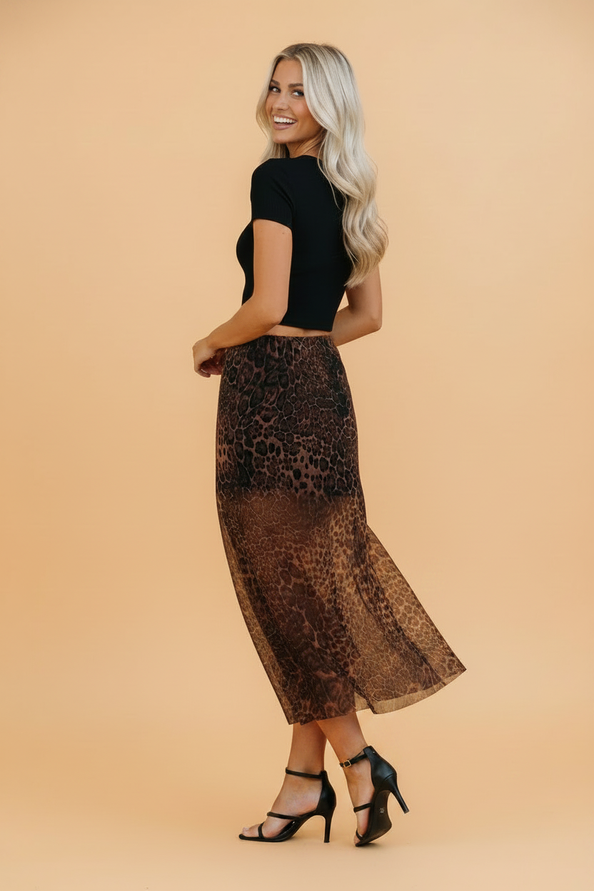 Leopard Mesh Sheer Maxi Skirt