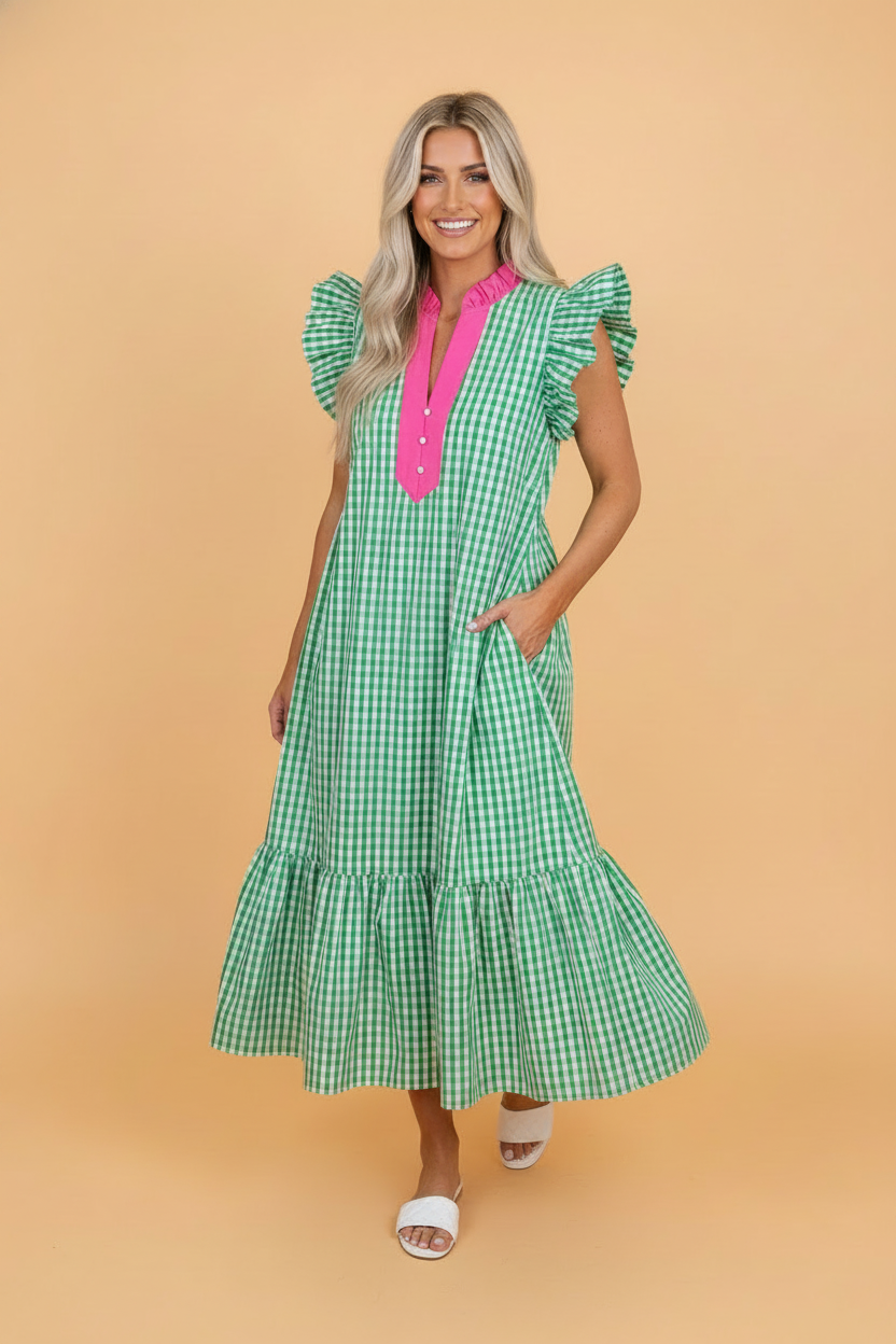 Gingham Colorblock Ruffle Sleeve Midi Dress