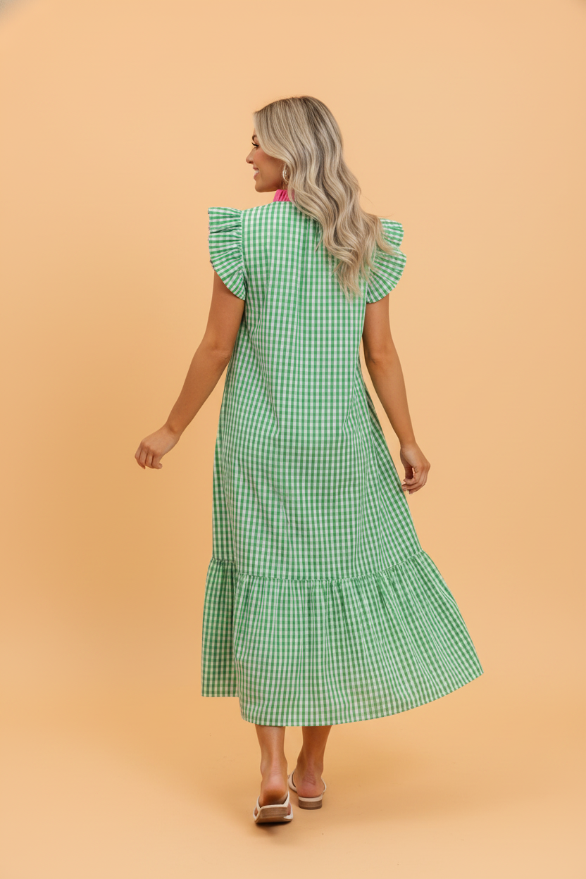 Gingham Colorblock Ruffle Sleeve Midi Dress