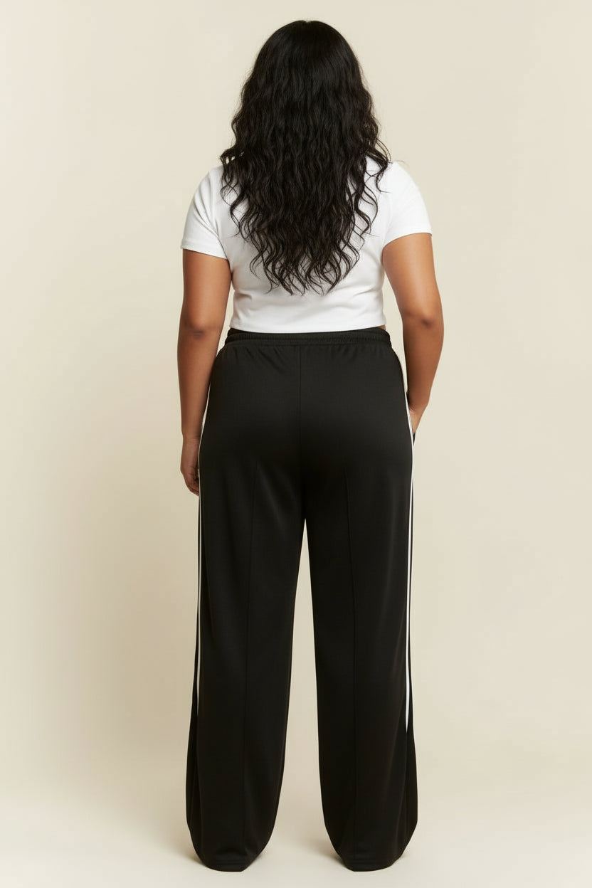 Solid Cotton Side Stripes Wide Leg Pants