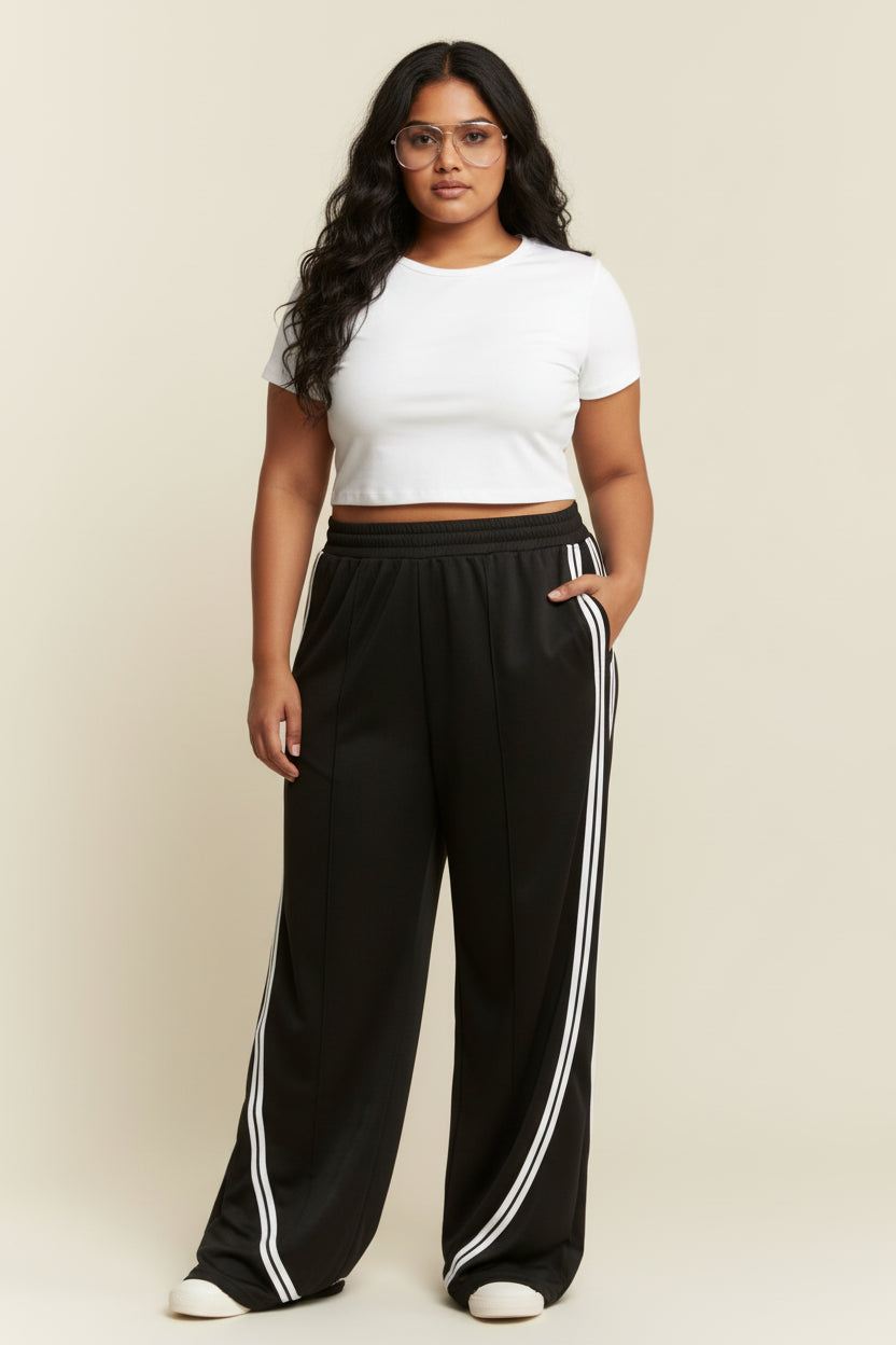 Solid Cotton Side Stripes Wide Leg Pants