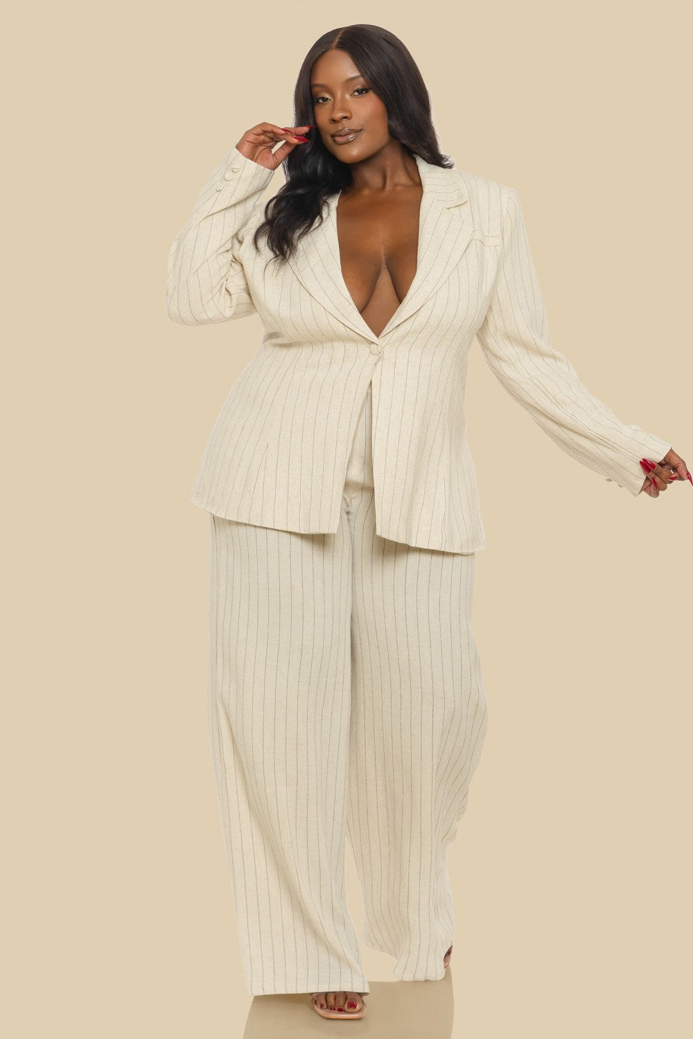 Plus Linen Stripe Wide Pants Suits Set