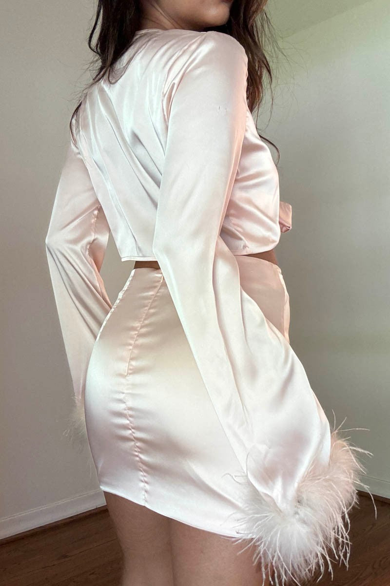 Feather Detail Crop Top Mini Skirt