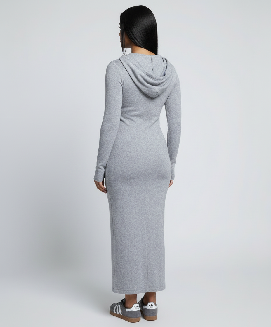 Ribbed Zip Up Maxi Dress W/ Hoodie