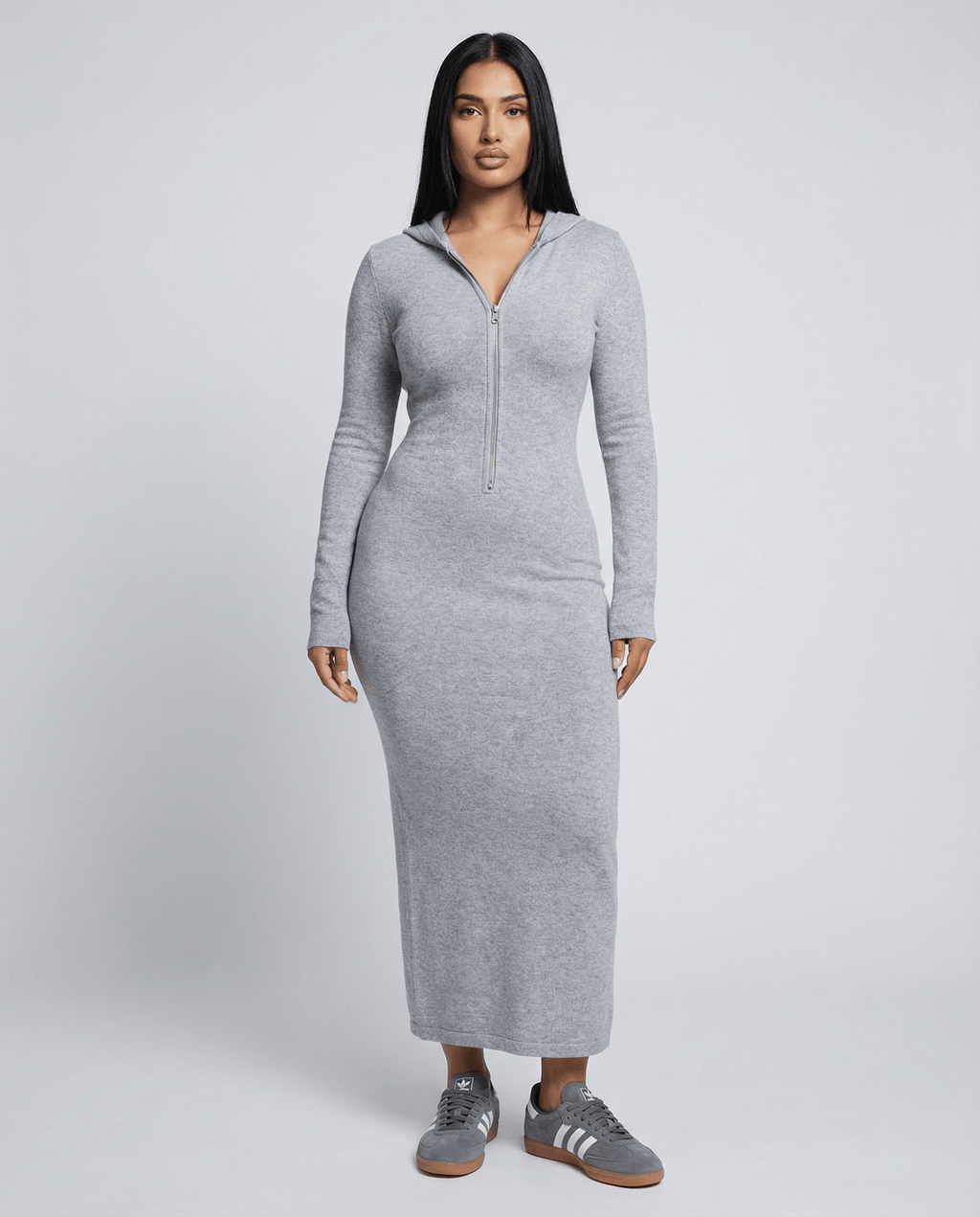 Ribbed Zip Up Maxi Dress W/ Hoodie