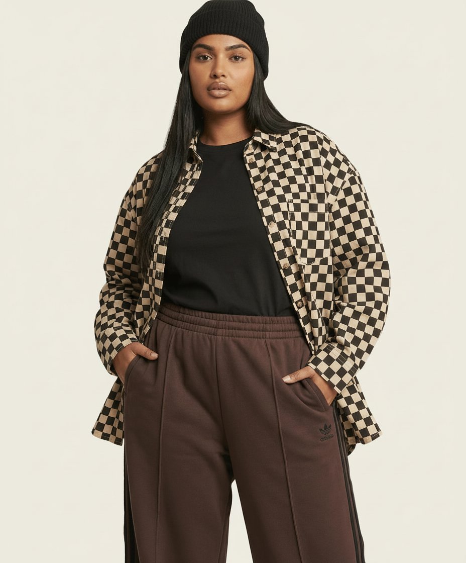 Plus Collared Long Slv Checkerd Button Down Shirt